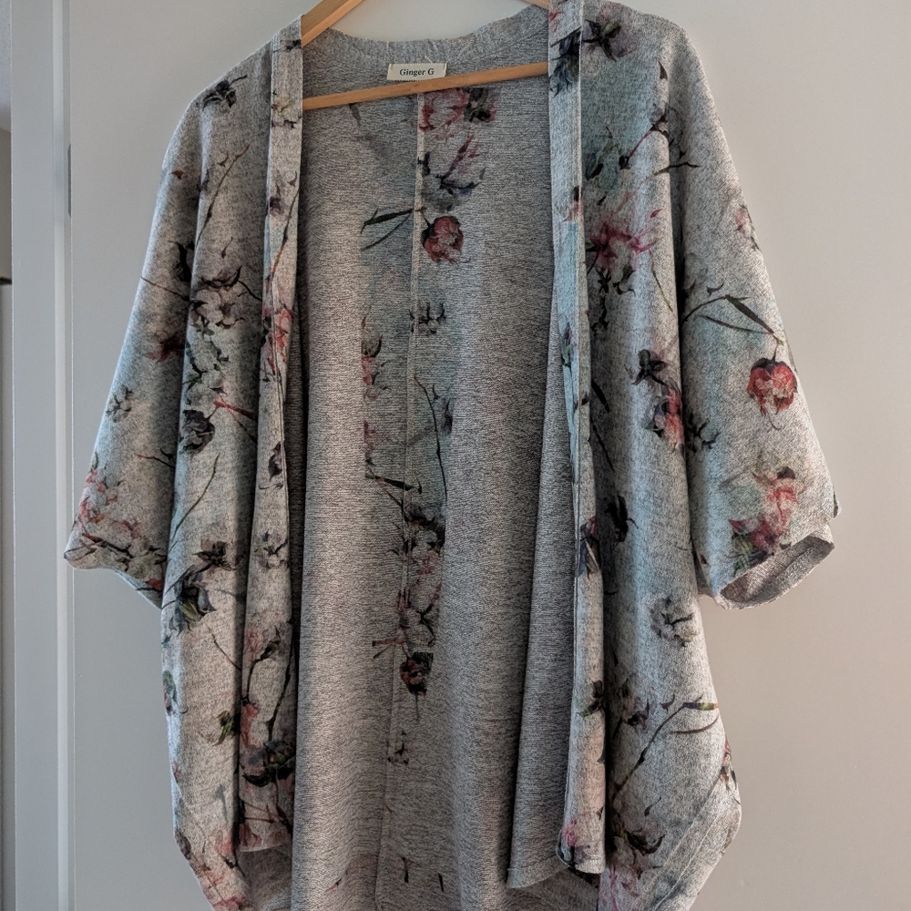 Gray and Pink Floral Cardigan
